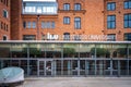 Front facade view of Linkoping University campus, red brick building in Norrkoping Sweden. Royalty Free Stock Photo