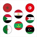 North Africa flag circle vector icon set authentic colors of Morocco, Tunisia, Algeria, Libya, Egypt, Western Sahara, Sudan, and M Royalty Free Stock Photo