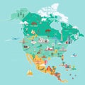 North America Map. Tourist and travel landmarks