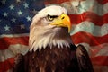 North american bald eagle and USA flag. United States of America patriotic symbols. Generative AI Royalty Free Stock Photo