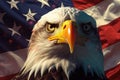 North american bald eagle and USA flag. United States of America patriotic symbols. Generative AI Royalty Free Stock Photo