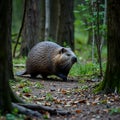 A North American beaver walks through a natural forest floor with trees and greenery Royalty Free Stock Photo
