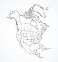North American continent with contours of countries. Vector drawing