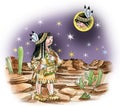 North american indian girl watching moon