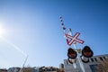 North American level crossing with its typical road sign, saltire shaped, and red and white fences barriers, taken in Montreal Royalty Free Stock Photo