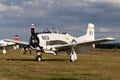 North American T-28B Trojan aircraft in US Navy colors at the Sanice Sunset Airshow. Belgium - September 13, 2019