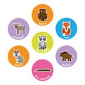 North American wild animals collection. Set of 7 cartoon characters in the circle with name labels. Vector illustration Royalty Free Stock Photo