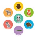 North American wild animals collection. Set of 7 cartoon characters in the circle with name labels. Vector illustration Royalty Free Stock Photo