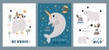 North animals cards. Cartoon arctic fauna. Cute polar bear. Funny white owl and narwhal. Snowie wildlife creature Royalty Free Stock Photo