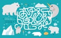 North animals kids game. Polar fauna. Children funny maze. Arctic creature. Owl and narwhal. Logic puzzle. Finding path