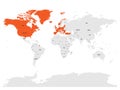 North Atlantic Treaty Organization, NATO, member countries highlighted by orange in world political map. 29 member