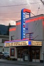 North Bend Washington independent movie theatre illuminated at dusk