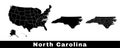 North Carolina state map, USA. Set of North Carolina maps with outline border, counties and US states map. Black and white color Royalty Free Stock Photo