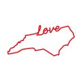 North Carolina US state red outline map with the handwritten LOVE word. Vector illustration Royalty Free Stock Photo
