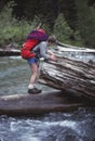 Climber crossing the Sauk River on a log