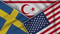 North Cyprus United States of America Sweden Flags Together Fabric Texture Illustration