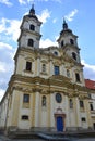North east upward view on main entrance portal and towers of famous late baroque Basilica of Our Lady of Seven Sorrows in Sastin