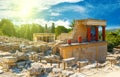 The North Entrance of the Palace with charging bull fresco in Knossos at Crete, Greece