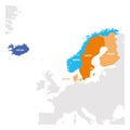 North Europe Region. Map of countries of Scandinavia. Vector illustration