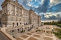 North facade of Royal Palace in Madrid in summer day at sunset with dramatic sky, Spain