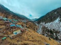North Indian valley - Remote houses on a valley of Sikkim with a mountain of ice beside