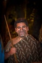 NORTH ISLAND, NEW ZEALAND- MAY 17, 2017: Close up of a Maori leader man with traditionally tatooed face and in Royalty Free Stock Photo