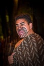 NORTH ISLAND, NEW ZEALAND- MAY 17, 2017: Close up of a Maori man sticking out tongue with traditionally tatooed face and Royalty Free Stock Photo