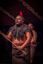 NORTH ISLAND, NEW ZEALAND- MAY 17, 2017: Close up of a Tamaki Maori leader man with traditionally tatooed face and in Royalty Free Stock Photo