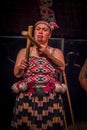 NORTH ISLAND, NEW ZEALAND- MAY 17, 2017: Close up of a Tamaki Maori woman with traditionally tatooed face and wearing