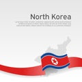 North korea flag, map on white background. Vector brochure design. Democratic People Republic of Korea flag. DPRK. Wavy ribbon