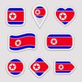 North Korea flag vector set. North Korean flags stickers collection. Isolated geometric icons. DPRK national symbol