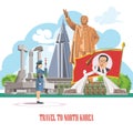 North Korea vector card with korean symbols and Architecture