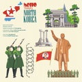 North Korea vector card with korean symbols. North Korea set