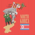 North Korea vector card with korean symbols on red background. North Korea set