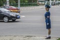 North Korean traffic security officer in blue uniform in the street, Pyongan Province, Pyongyang, North Korea Royalty Free Stock Photo