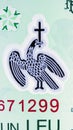 North Macedonia 10 Denars banknote, Issued on 2018, Bank of Macedonia. Fragment: Peacock floor mosaic, Episcopal Basilica, Stobi Royalty Free Stock Photo