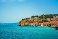 North macedonia. Ohrid. Different buildings and houses with red roofs on hill Royalty Free Stock Photo