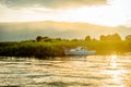 North macedonia. Ohrid. White boat on Ohrid lake beside reeds in sunset time Royalty Free Stock Photo