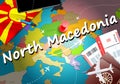 North Macedonia travel concept map background with planes, tickets. Visit North Macedonia travel and tourism destination concept.