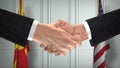 North Macedonia and USA Partnership Business Deal. National Government Flags. Official Diplomacy Handshake 3D