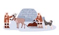 North people in traditional Eskimos clothing, igloo, Husky dog, reindeer sleigh with sled cartoon vector illustration Royalty Free Stock Photo