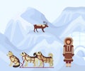 North people in traditional eskimos costume, arctic dogs and polar deer. Life in the far north. Polar nature with Eskimo Royalty Free Stock Photo