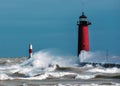 North Pier Lighthouse, Kenosha, Wisconsin, Waves Royalty Free Stock Photo