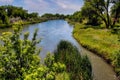 Early Summer View of the North Platte River from the Bridge in Fort Laramie Historic Park in Southeastern Wyoming. Royalty Free Stock Photo