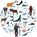 North Polar circle icons and images. Animals, eskimos, forests, mountains, hunters, boats, fish and fishermen Royalty Free Stock Photo