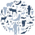 North Polar circle icons and images. Animals, eskimos, forests, mountains, hunters, boats, fish and fishermen Royalty Free Stock Photo