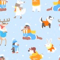 North Pole Arctic Animals Seamless Pattern, Cute Walrus, Penguin, Husky Dog and Reindeer Characters in Warm Clothes