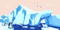 North pole, arctic ice landscape flat vector illustration. Beautiful antarctic scenery with local fauna. Glacier