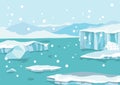North pole arctic. White drifting and melting glacier in ocean, snow mountains iceberg polar winter season cartoon