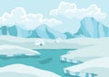 North pole arctic. White drifting and melting glacier in ocean, snow mountains iceberg polar winter season cartoon